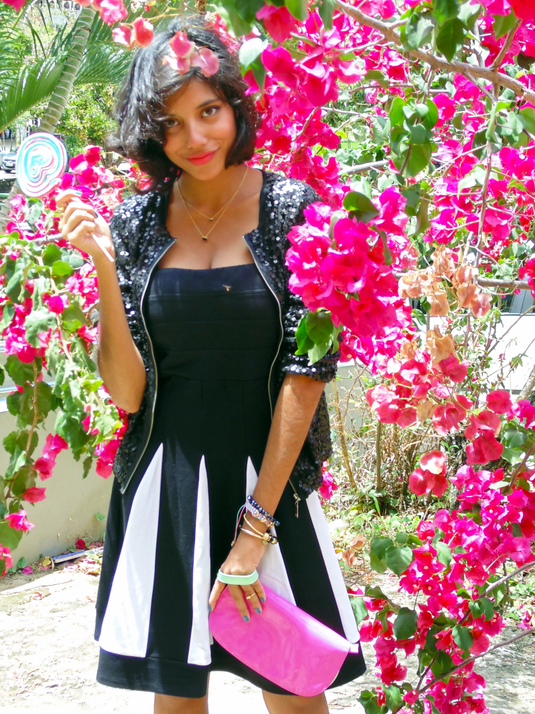 look_do_dia_vestido_preto_branco_casaco_bomber_paetes_candy_flower_3